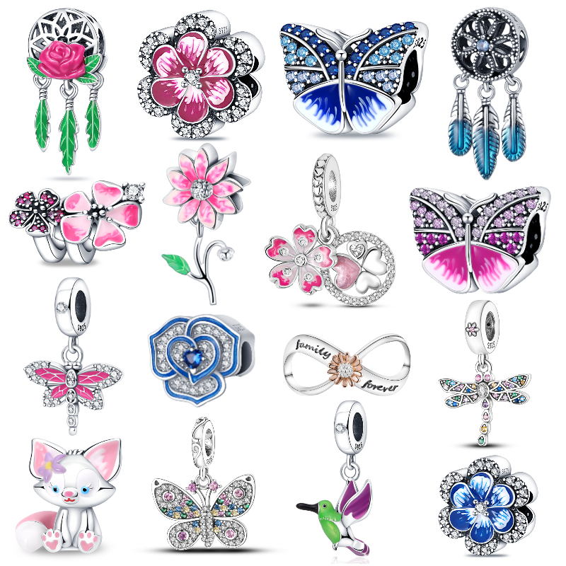 

925 Sterling Silver Dangle Charm Butterfly Sparkling Pansy Flower Charm Bead Fit Pandora Charms Bracelet DIY Jewelry Accessories
