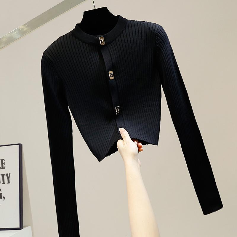 Tricots pour femmes Tees Mode Slim Fit Courts Pulls Courts Simple Boutonnage Tout Assorti Cardigan Tricoté Veste Femme Noir Pull En Tricot W