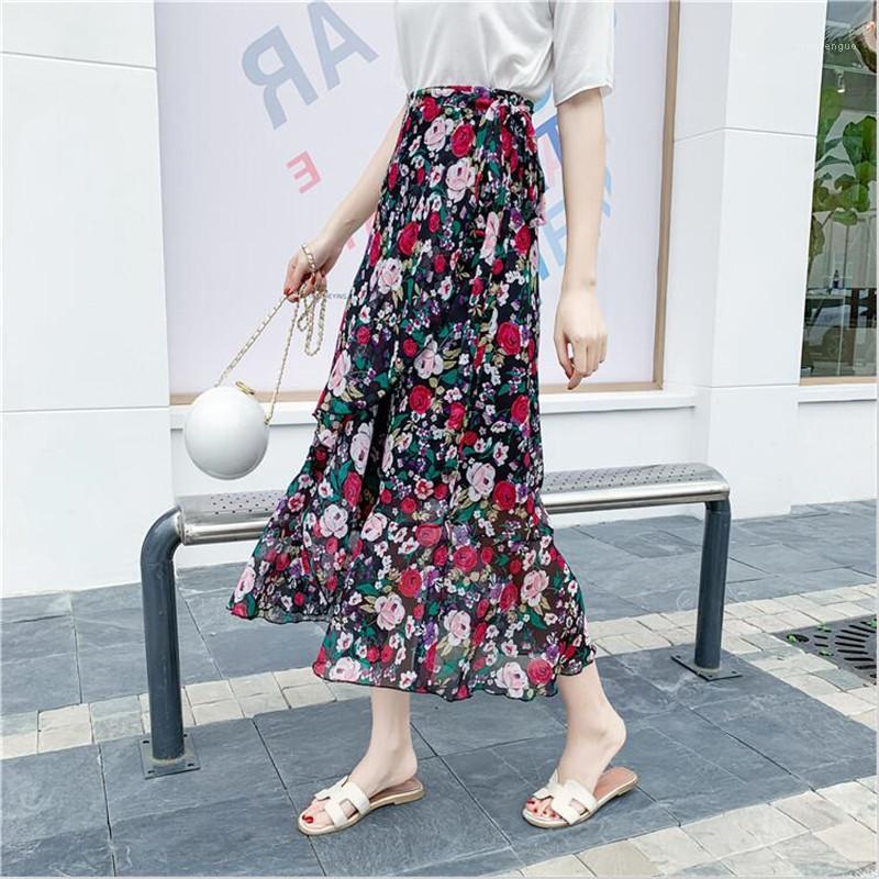 

Skirts 2022 Summer Floral Print Bohemian Beach Long Women Elegant Asymmetrical Ruffles Maxi Chiffon Plus Size -8XL, Color 5