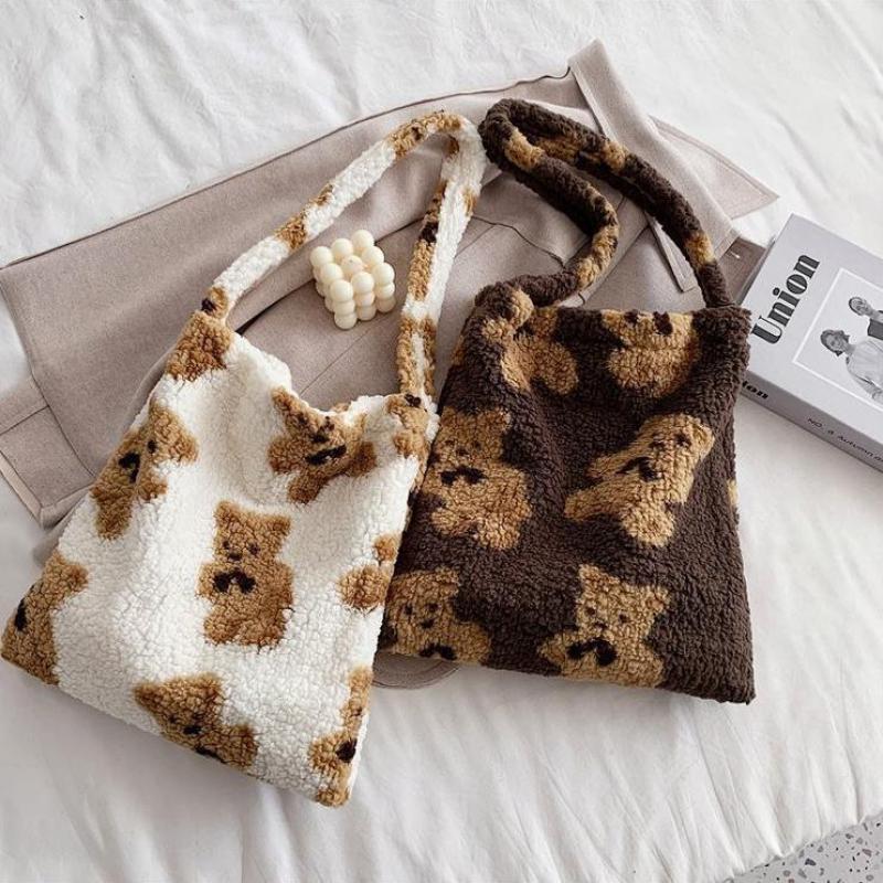 

Evening Bags Women Lamb Like Fabric Shoulder Tote Bag Fluffy Fur Bear Handbags Large Capacity Soft Shopping Girls Cute School, Black