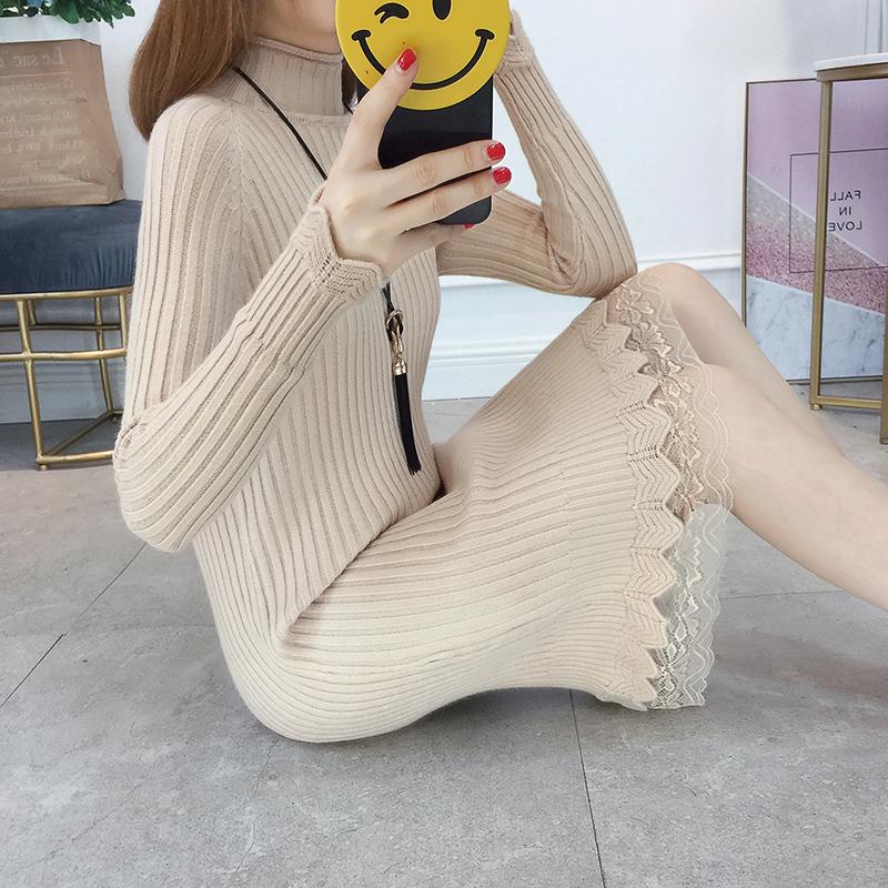 

Women's Sweaters Femme Lace Splice Knitted Dress Women 2022 Autumn Winter Knitting Turtleneck Long Sleeve Warm Sweater Z607, Green