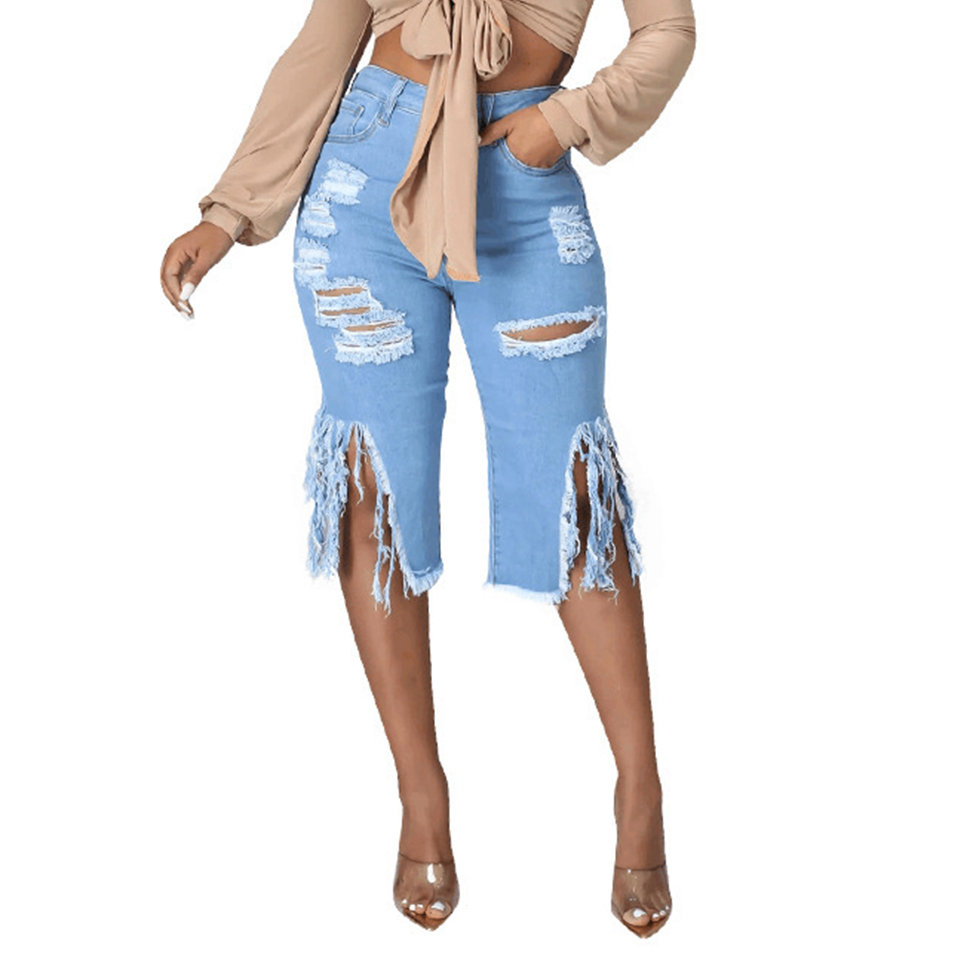 

Women Jeans Frayed Ripped Denim Pants Destroyed Distressed Bermuda Washed Hole Mid Sexy Short Jeans, Blue
