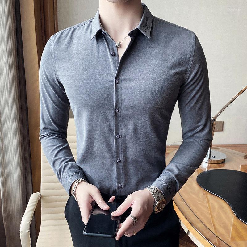 

Men's Dress Shirts Men White Long Sleeve Shirt Fashion Embroidered Mens Casual Slim Fit Fitting British Business Formal Wear Anti WrinkleMen, Dark red