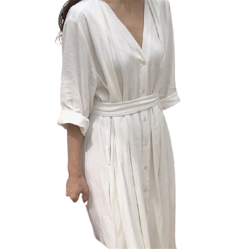 

Women Dresses Spring Summer Cotton and Linen Elegant Pleated Long White Dresses V Neck Lace Up Shirt Dress, Black