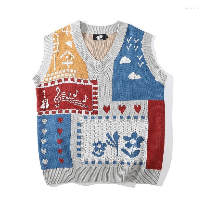 

Men's Vests Colorblock Jacquard Sweater Vest Men Ins Street Trend Loose V-neck Waistcoat Sleeveless Jacket Kare22, Gray