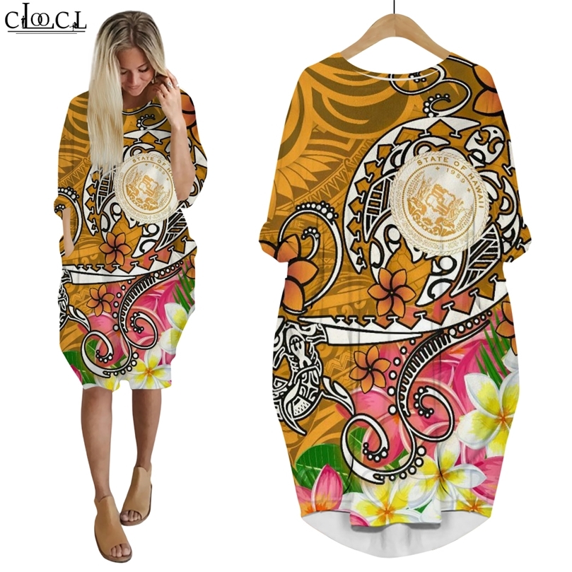 Robe femme polynésienne Plumeria motif 3D jupe fille ample à manches longues poche femme robes décontractées robe de princesse W220616