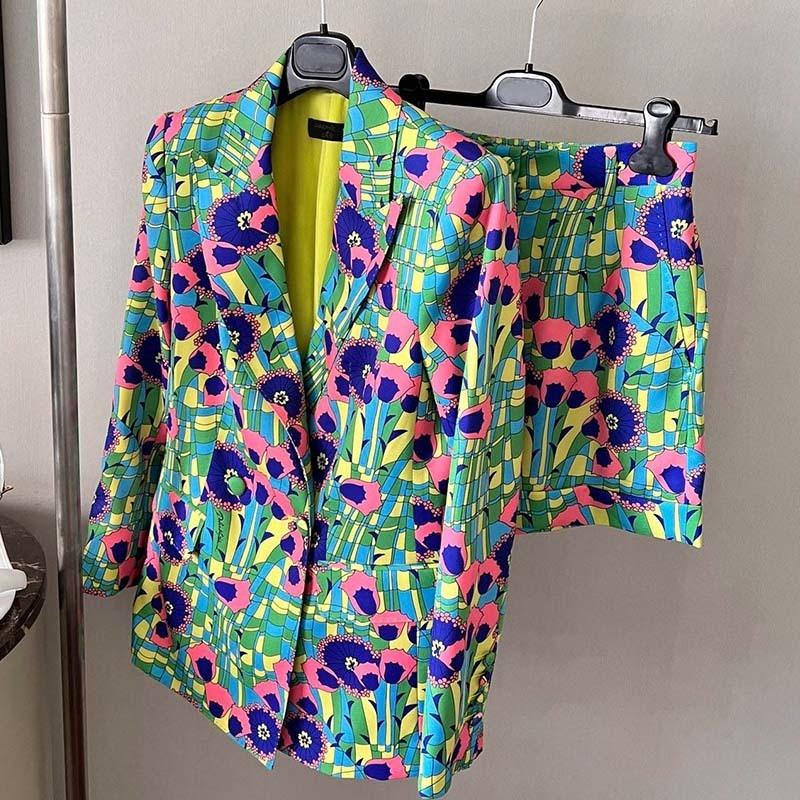 

Women' Tracksuits Summer Silk Printed Suit Shorts Set Women Long Sleeved Collar Double Breasted Jacket Casual Pocket Zip High Waist ShortsW, Short