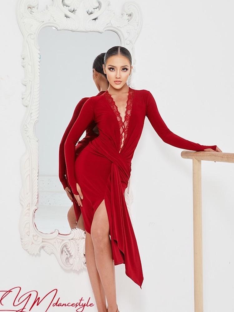 

Stage Wear ZYMdancestyle Latest Autumn Winter Women Latin Dancing Dress With Bra Beautiful Back Red Lace V Neck ZYM #2190, Black