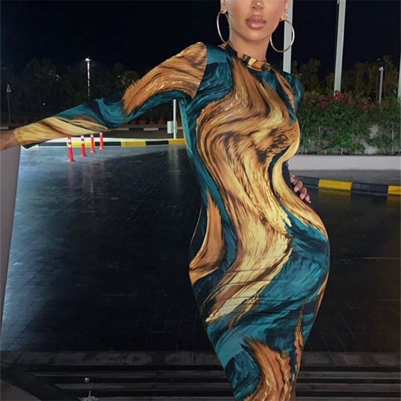 

Dulzura women midi dress tie dye print long sleeve bodycon sexy streetwear party autumn winter festival clothes clubwear 220613, Purple