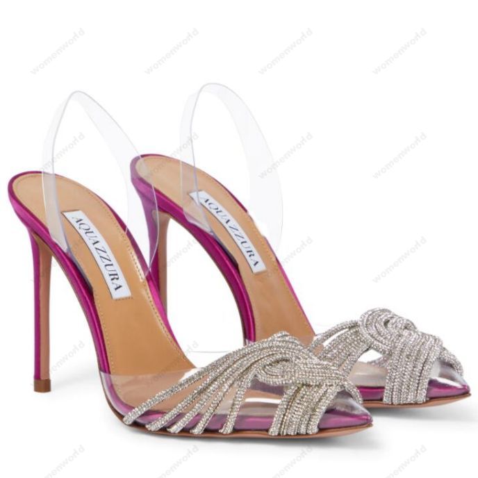 Designers Aquazz Dress Shoes womens stiletto heel Sandals Fashion satin rhinestone Embellished quality transparent PVC slingbacks Pink high heeled L