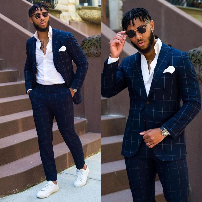 

Men's Suits & Blazers Dark Blue Men 2 Pieces Plaid Blazer Pants Tailored Single Breasted Fashion Work Wear Formal Business Groom Causal Tail, Black