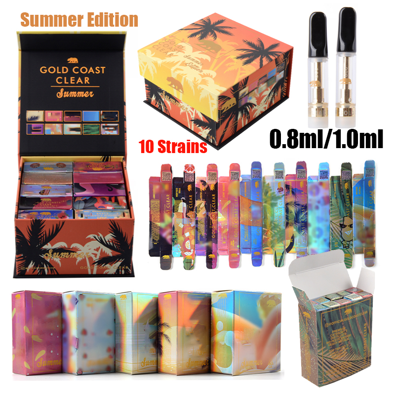 

Summer Spring Edition GOLD COAST CLEAR Atomizers 10 Strains Cartridges Packaging 0.8ml 1ml Thick Oil Empty Glass Tank Vape Carts E Cigarette Dab Wax Vaporizer