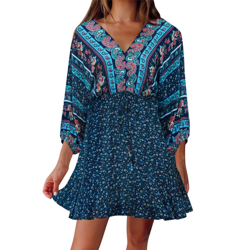 

Casual Dresses Vintage Floral Print Ethnic Summer Dress Female 3/4 Sleeve V Neck Women Bohemian Beach Party A Line Swing VestidosCasual, Orange