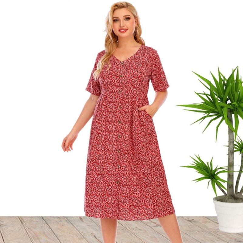 

Plus Size Dresses Ladies Summer European And American Style V-Neck Short Sleeve Printed Dress For WomenPlus, Red