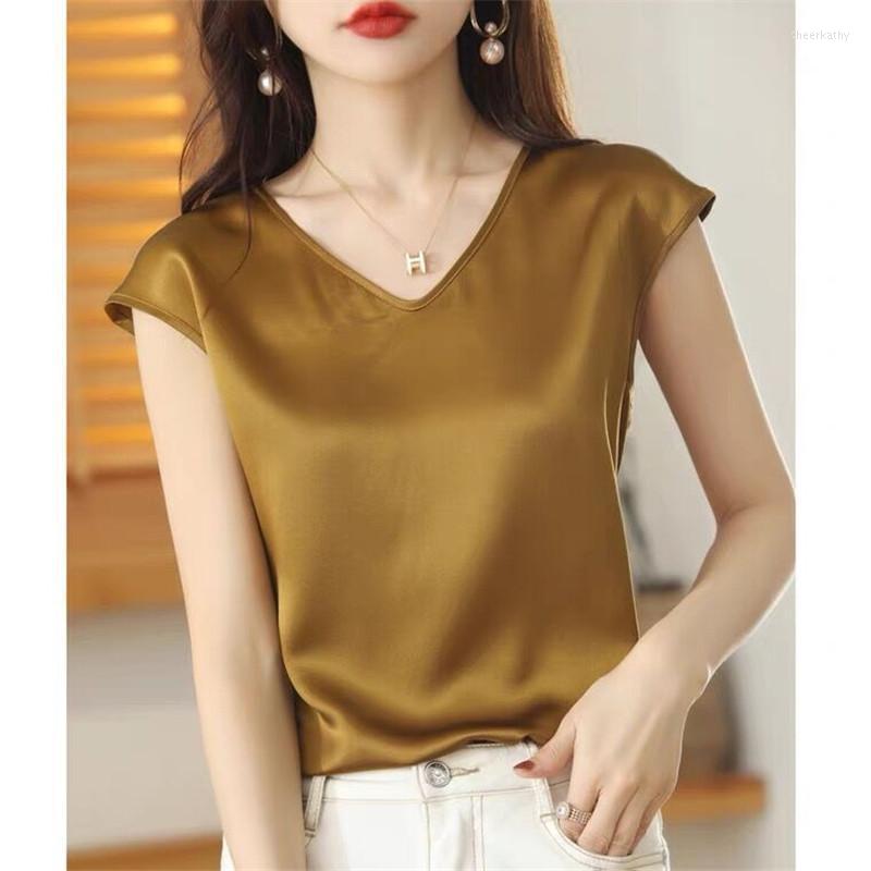 

Women' Blouses & Shirts Summer Simple Wild V-neck Acetate Satin Plus Size 5XL 6XL White Artificial Silk Blouse Inside A Suit Ice Tops Chee2, Black