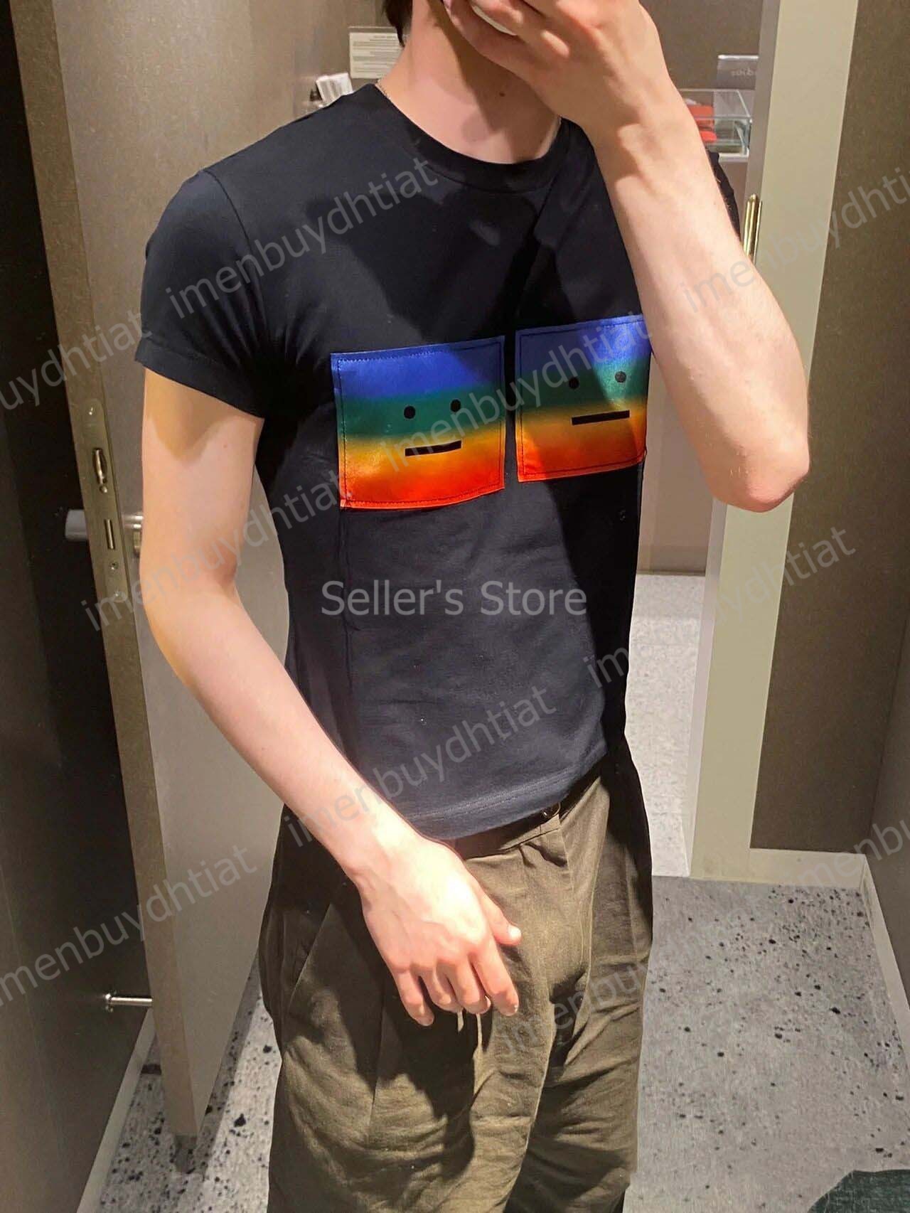 2022 Nordic Luxury Brand AC Studios Summer Summer Sleeve T-shirt minoritaire pour hommes et femmes arc-en-ciel souriant Patch Slim Fit