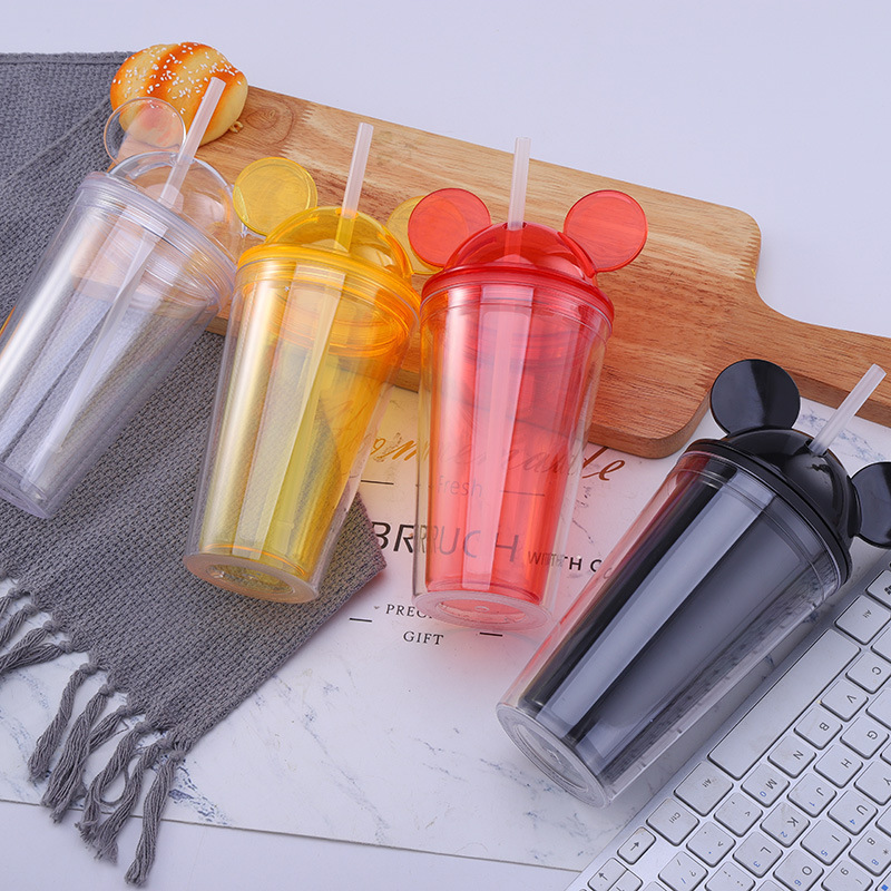 

8colors 15oz Acrylic tumbler with dome lid plus straw double Wall Clear Plastic Tumblers with Mouse Ear Reusable cute drink cup, Red