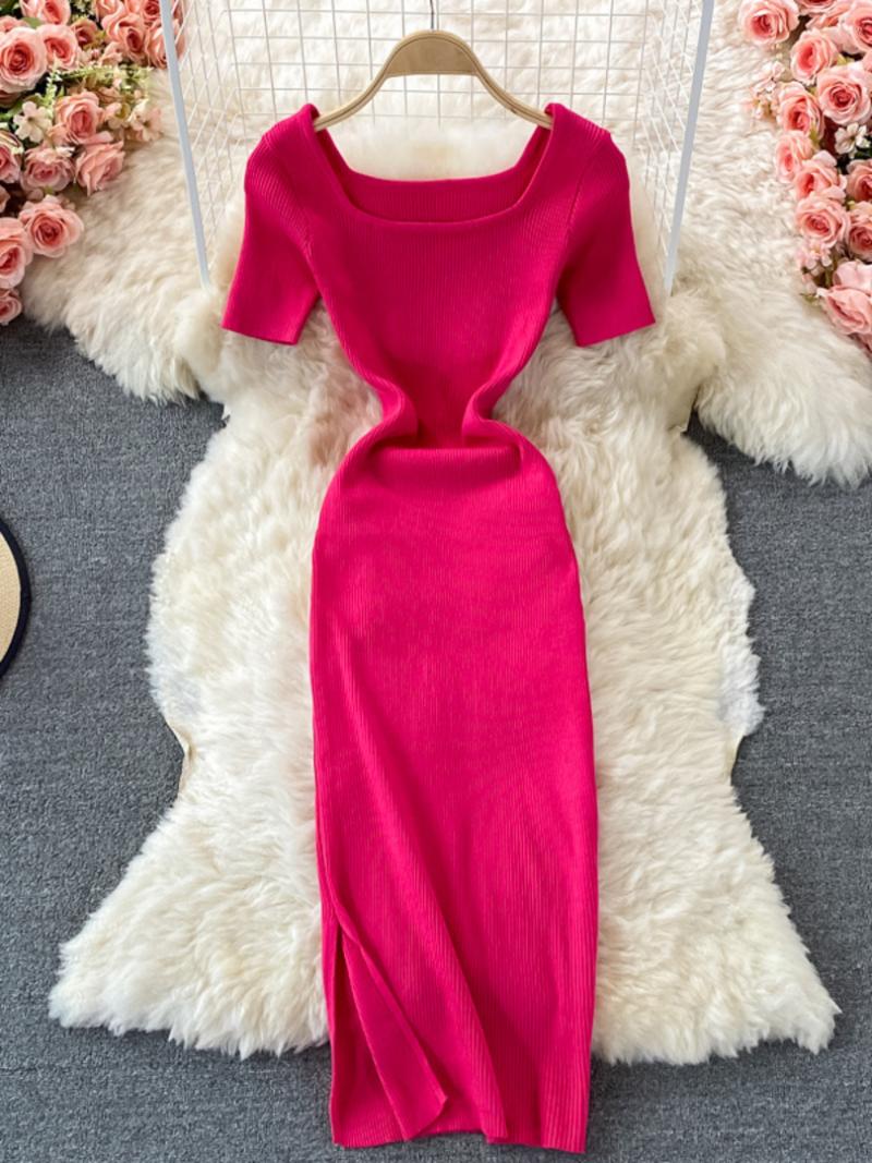 

Party Dresses 2022 Summer Knit Bodycon Dress Women Solid Square Collar Short Sleeve Slim Stretch Side Split Midi Calf Casual Work, Black