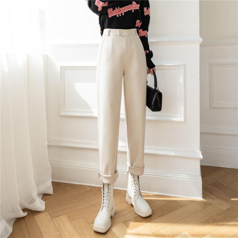 

Woolen Wide Leg Pants For Women Winter Elastic Waist Loose Straight Autumn Black Solid Pockets Casual Trousers P248, Beige
