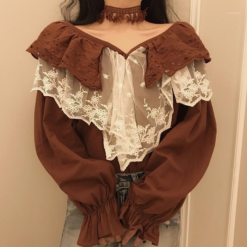 

Autumn And Winter Shirt Sweet Embroidery Mesh Ruffled Double-layer Collar Lantern Sleeves Loose Thin Blouse Female Women's Blouses & Shirts, Brown