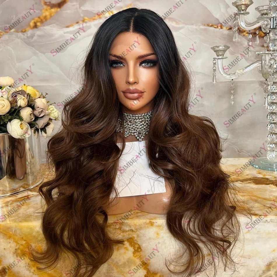 

Black Root Chocolate Brown Super Wave Human Hair 13x6 Lace Front Wig for Black Women Glueless 360 Laces Frontal Wigs 200 Density, As picture color