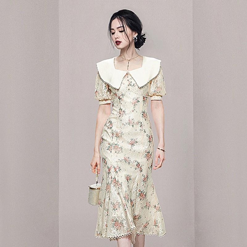 

Party Dresses Summer Temperament Women Elegant Mermaid Dress Lapel Puff Sleeve Clothes Lace Printed DressesParty, As picture