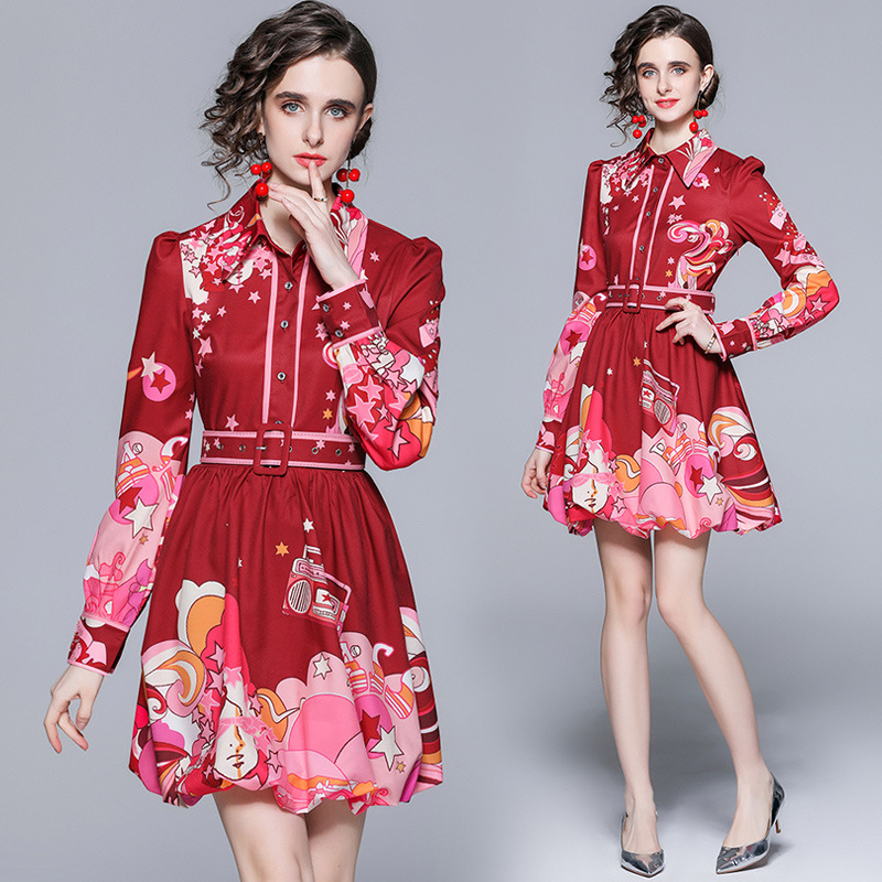 Boutique Womens Printed Dress Long Sleeve Spring Autumn Dress High-end Trendy Girl Dresses Runway
