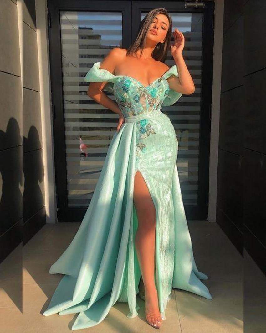 Hors de l'épaule Sirène Soirée Robes de bal 2022 Beautiful Overskirt Split Front Party Occasion Robes de soirée avec appliques paillettes Vestido