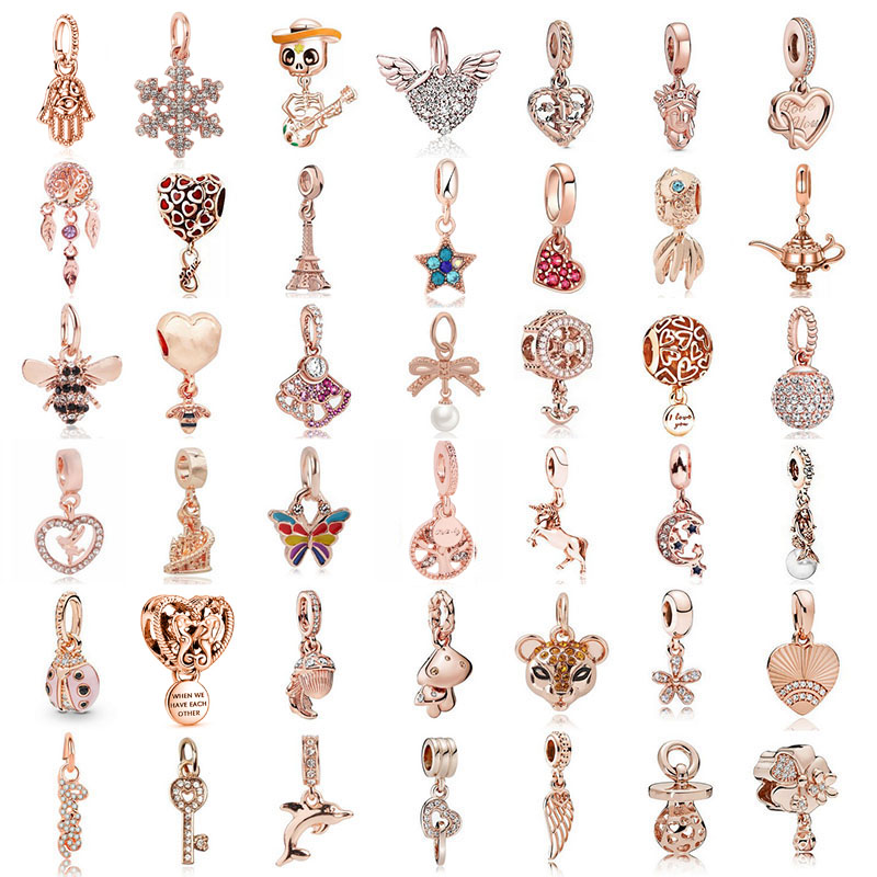 925 Perles de charme en argent pelle 2021 Rose Gold Crystal Flower Lock Dreamcatcher Perle Fit Charms Bracelet Bijoux DIY ACCESSOIRES