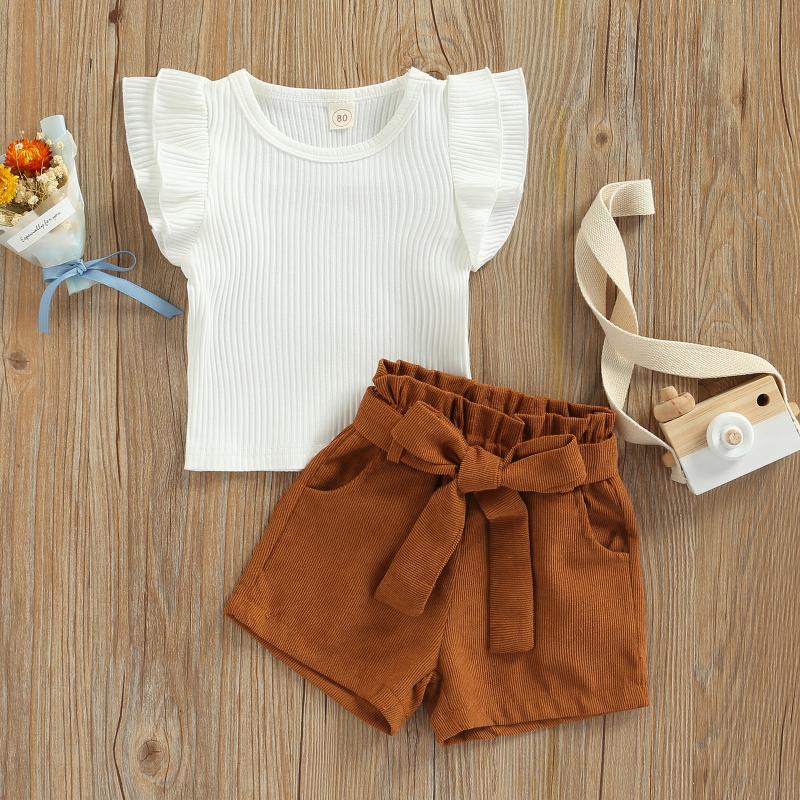 

Clothing Sets Toddler Baby Girls Casual Suit Ruffled Sleeve Solid Color Tops Short Pants With BeltClothing ClothingClothing, White