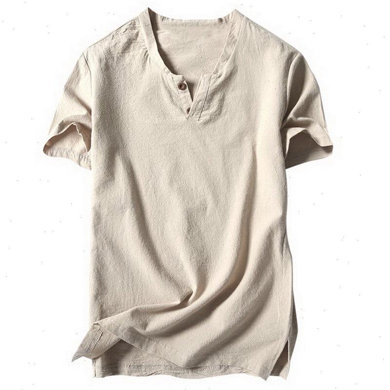 

Men Clothing Linens T Shirt Short Sleeve Tops Mens V Neck Cotton Linen Casual T-shirt Top, Beige