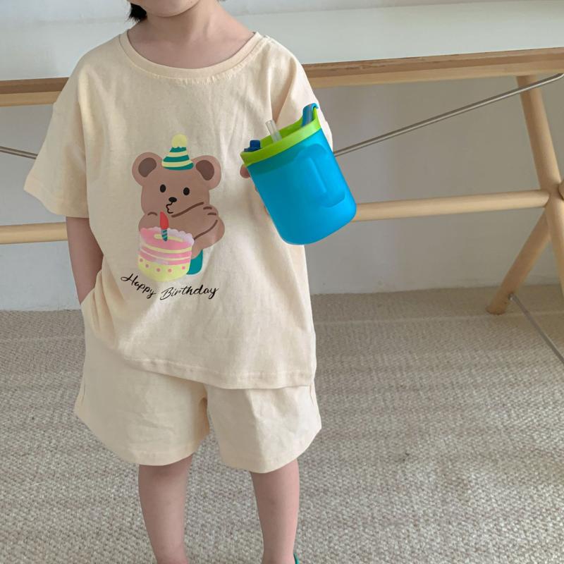 

Clothing Sets Children's Fashion Suit Kid Girl Cartoon Birthday Bear Letter Print Short Sleeves Sports Solid Soft Cotton Shorts Boy 2pc, Green
