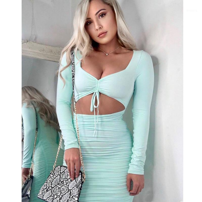 Robes décontractées été femmes Turquoise col bas col en V à manches longues à volants nœud papillon Mini robe courte