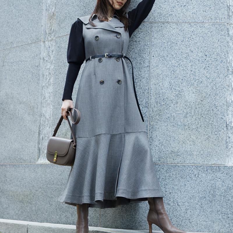 

Casual Dresses Autumn Winter Japanede Mermaid Dress Double Breasted Sleeveless Turn-down Collar Robe OL Elegant Slim Vestidos De MujerCasual, Pink beige