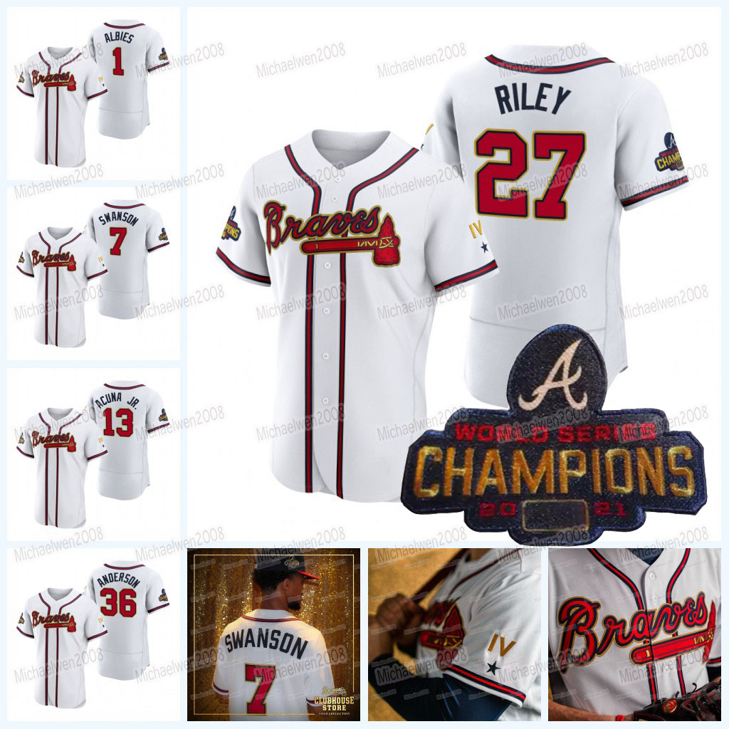

Atlanta 2022 Gold Program Braves Jersey 28 Matt Olson Austin Riley Ozzie Albies Dansby Swanson Ronald Acuna Jr. Ian Anderson Adam Duvall Eddie Rosario Max Fried, Women cool base
