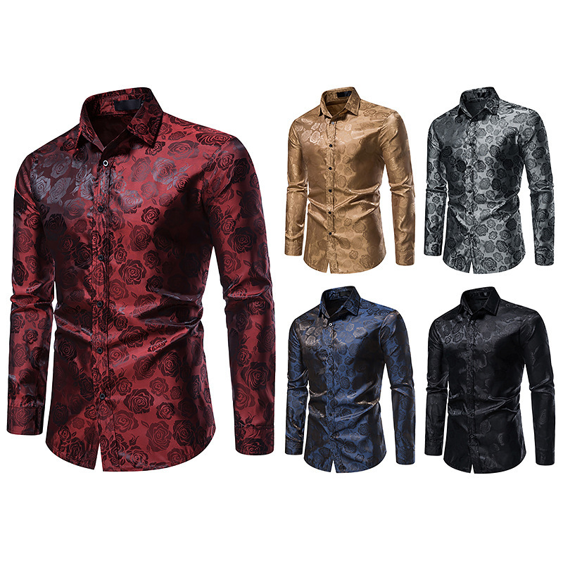 

Men' long sleeve fashion rose print casual sleek slim shirt, Black
