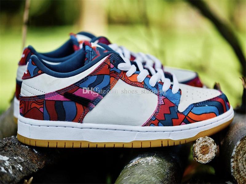 Chaussures de skateboard SB Dunks Low Parra Chaussures plates Fire Pink Gym Rouge-Moka-Blanc-Bleu Royal-Noir Baskets d'extérieur supérieures Ship
