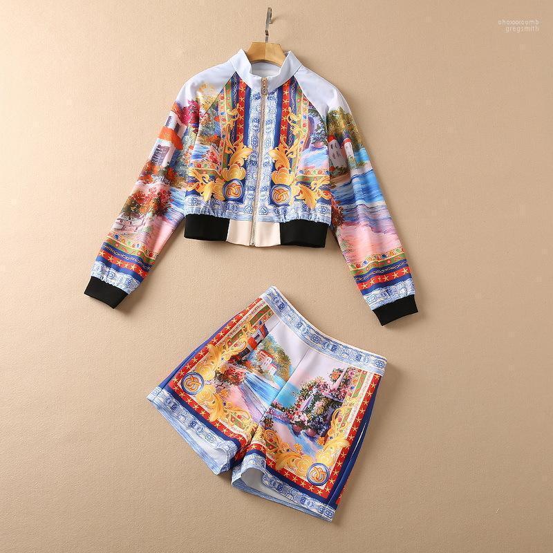 

Women' Tracksuits Landscape Seascape Pattern Two-piece Suit For Fall/winter 2022 Thread Knitted Stand Collar Jacket Shorts Fashion Women, Beige