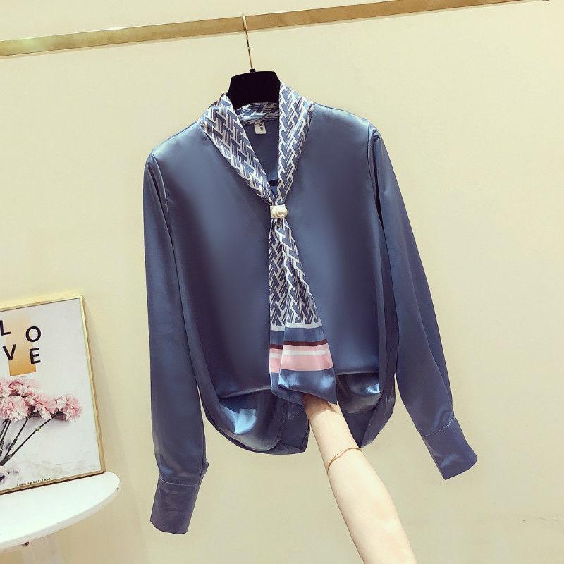 

Women's Blouses & Shirts Chiffon Bow Neck Women Blouse Summer Design 2022 Solid Long-Sleeved Elegant Female Outwear Top QualityWomen's, Gray