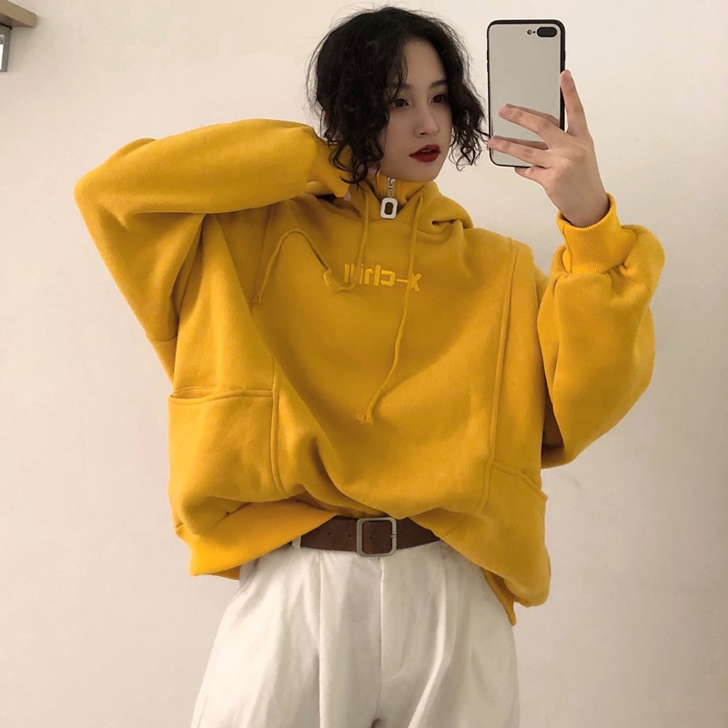 Sweat à capuche coréen pour femmes, en velours Plus épais, manches longues, surdimensionné, lettre brodée, Style Harajuku, tendance, Chic