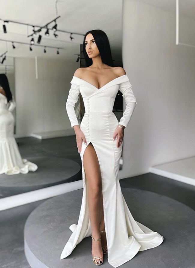 

Sexy Split V-Neck Evening Dresses Long Sleeve Mermaid Special Occasion Wear Button Beaded Simples Style Off The Shoulder Long Satin Prom Gowns For Women, Gold