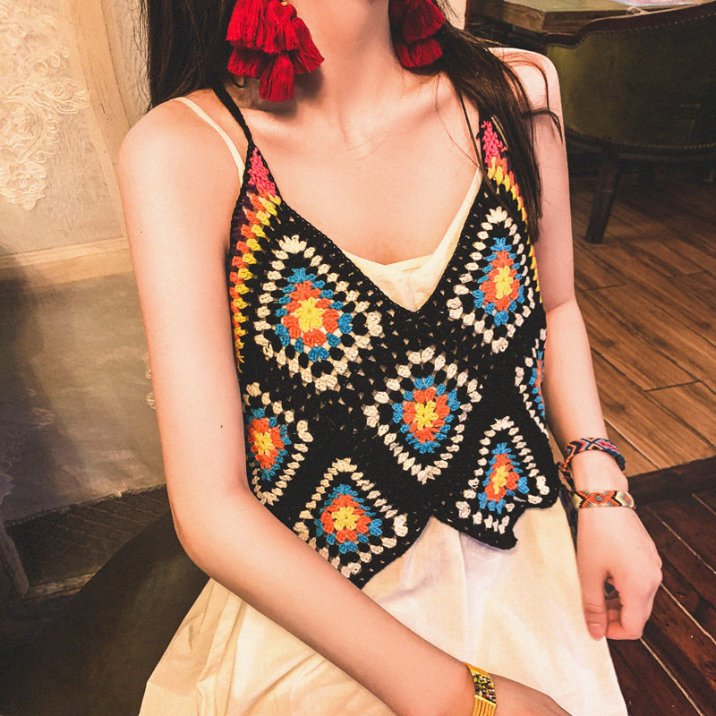 

Bohemia Style Women's Bohe Camis Femme Woman Camisole Lady Crochet Tanks Tops 0613, Black