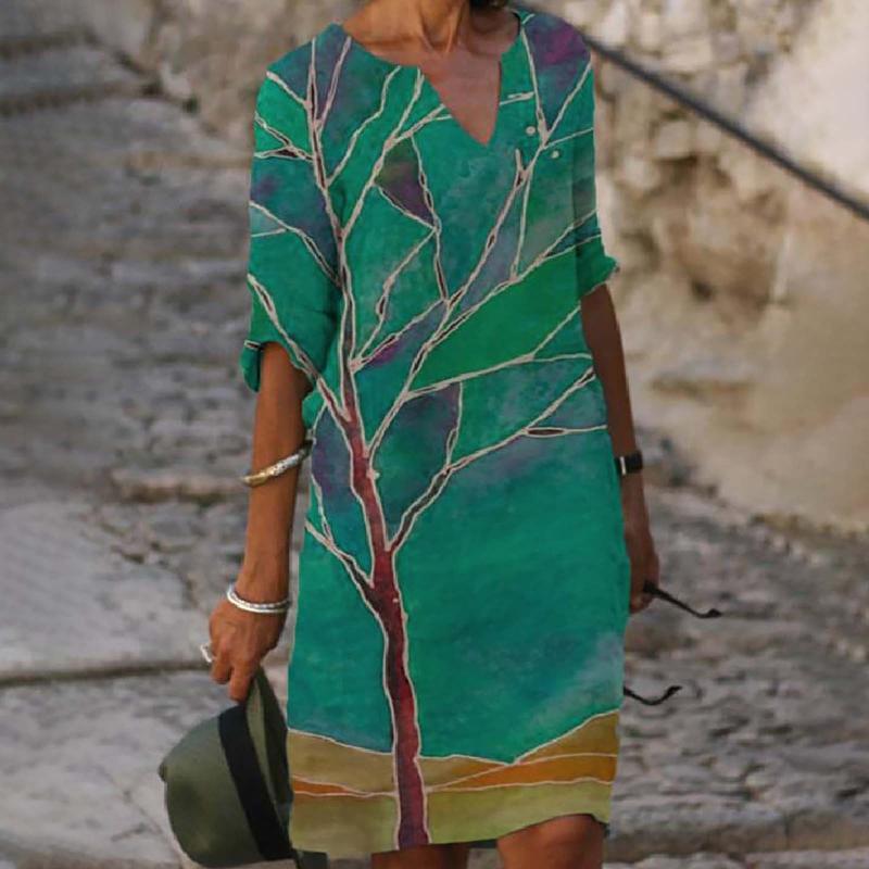 

Plus Size Dresses Women Casual V-neck Tree Pattern Printing Dress Elegant Short Sleeve Straight Summer Party Vestidos #fs, Blue