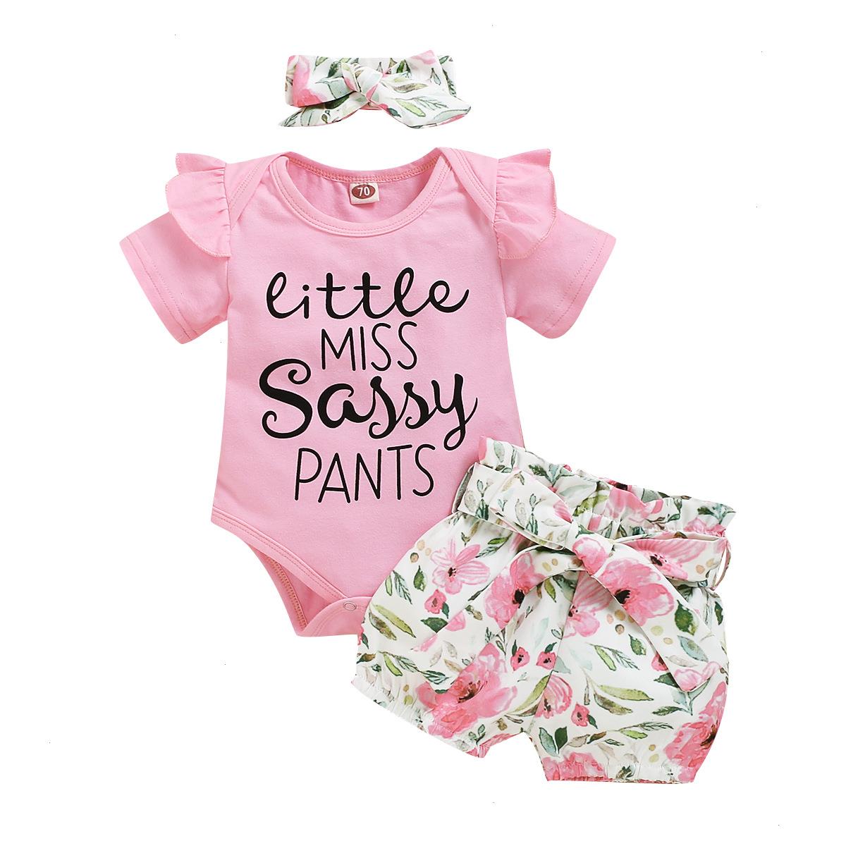 

0-18m Babies Girls Clothes Set Ruffles Letters Printted Tops Floral Shorts With Belt Bow Headband 3pcs Summer Clothing