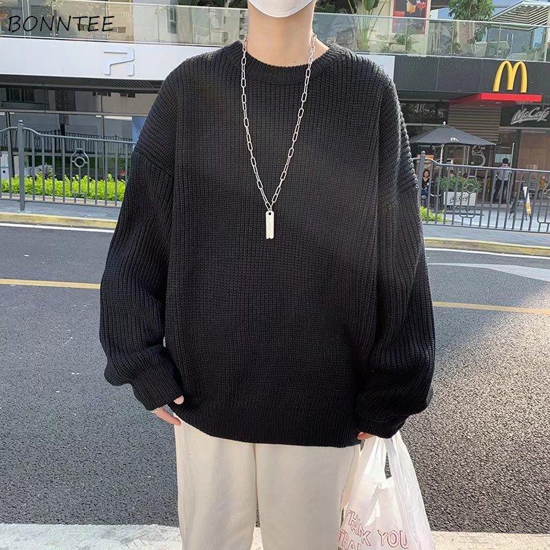 

Men's Sweaters Pullovers Men Ulzzang College Teens Baggy O-neck Knitting All-match Couple Fashion Clothes Male Streetwaer Gentle WarmMen's, Black