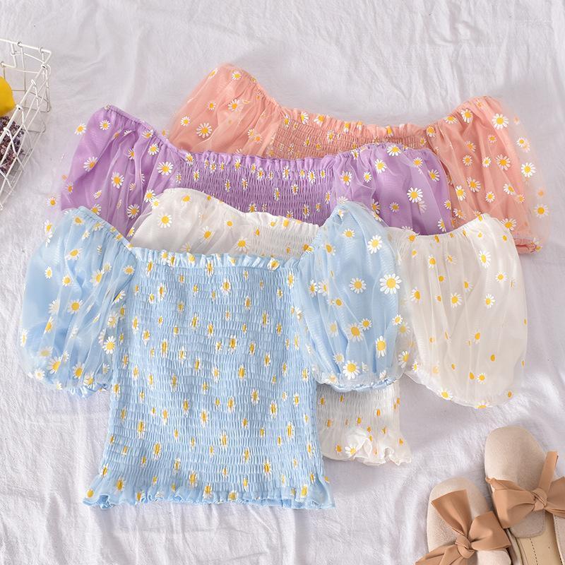 

Women's Blouses & Shirts Sweet Fairy Chrysanthemum Off Shoulders Puff Sleeve Short Mesh Stitching Pleated Tops Blusas Mujer 2022, Blue