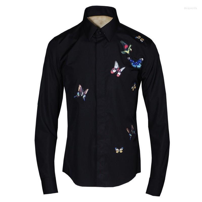 

Men's Dress Shirts Spring Men Butterfly Embroidered Wedding Slim Fit Office Work Lapel Collar Camisetas Hombre Shirt White Formal TopMen's D, Black