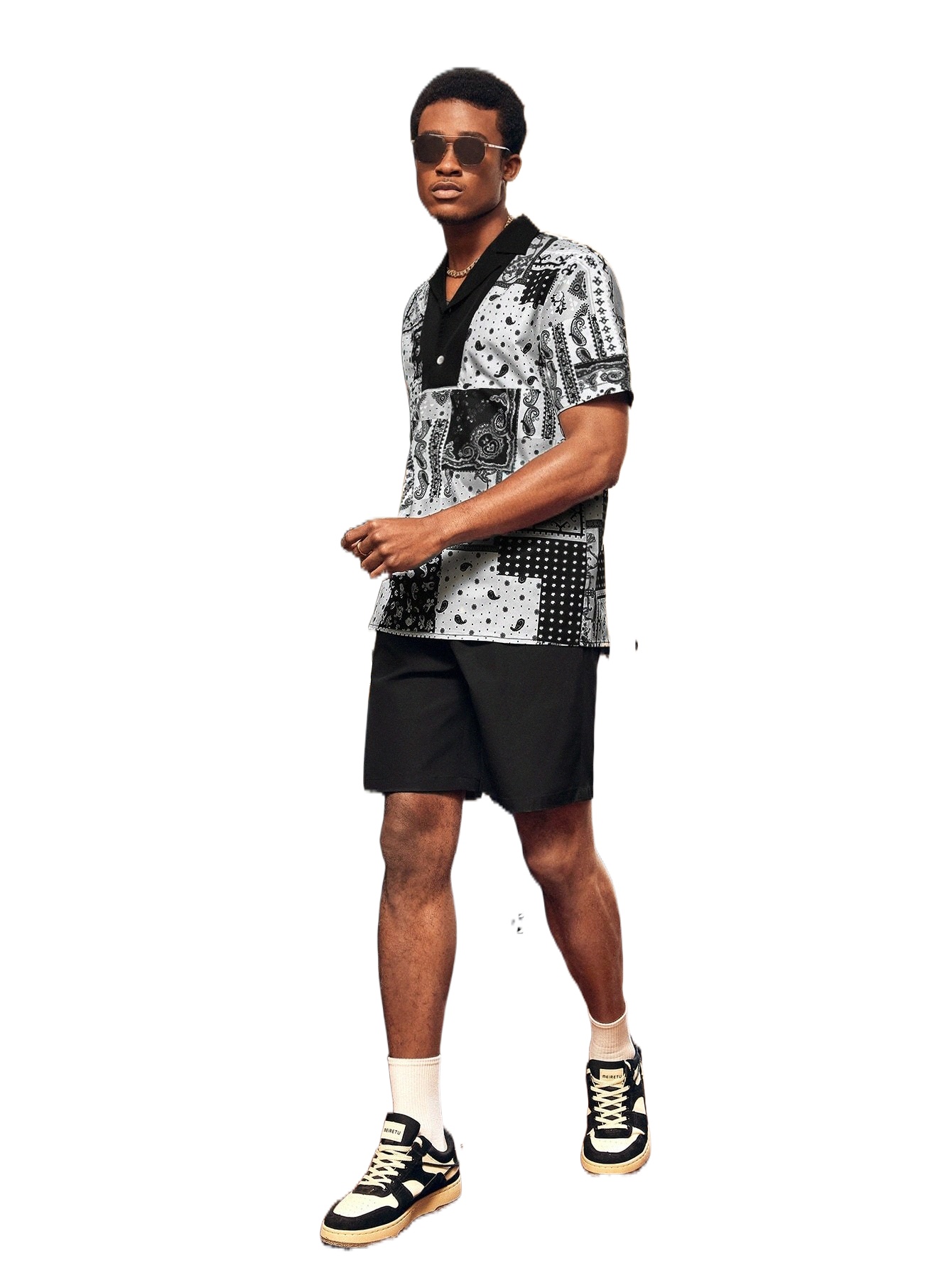 

men Paisley Scarf Print Shirt & Drawstring Waist Shorts 63Wt#, Black and white
