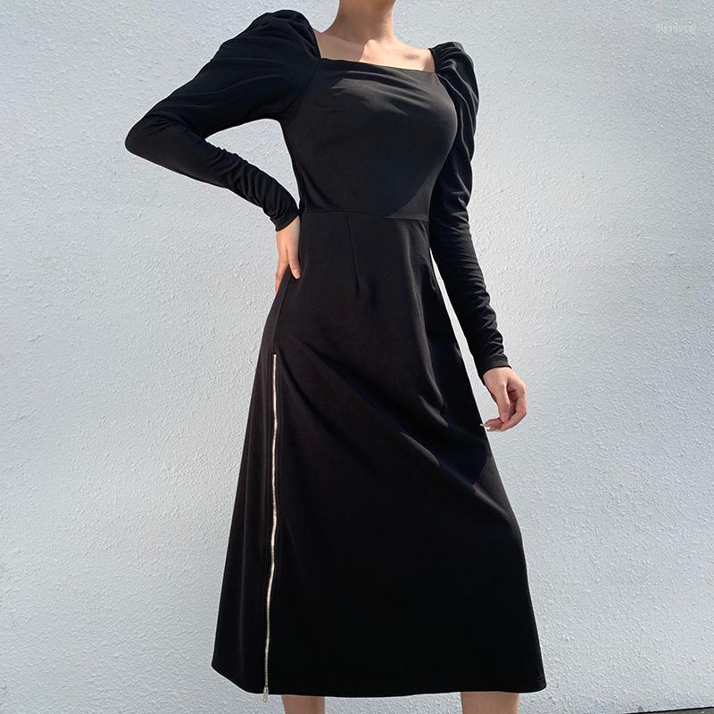 

Casual Dresses Linglewei Spring And Summer Women' Dress Street Square Neck Side Zipper Long Pendant, Black