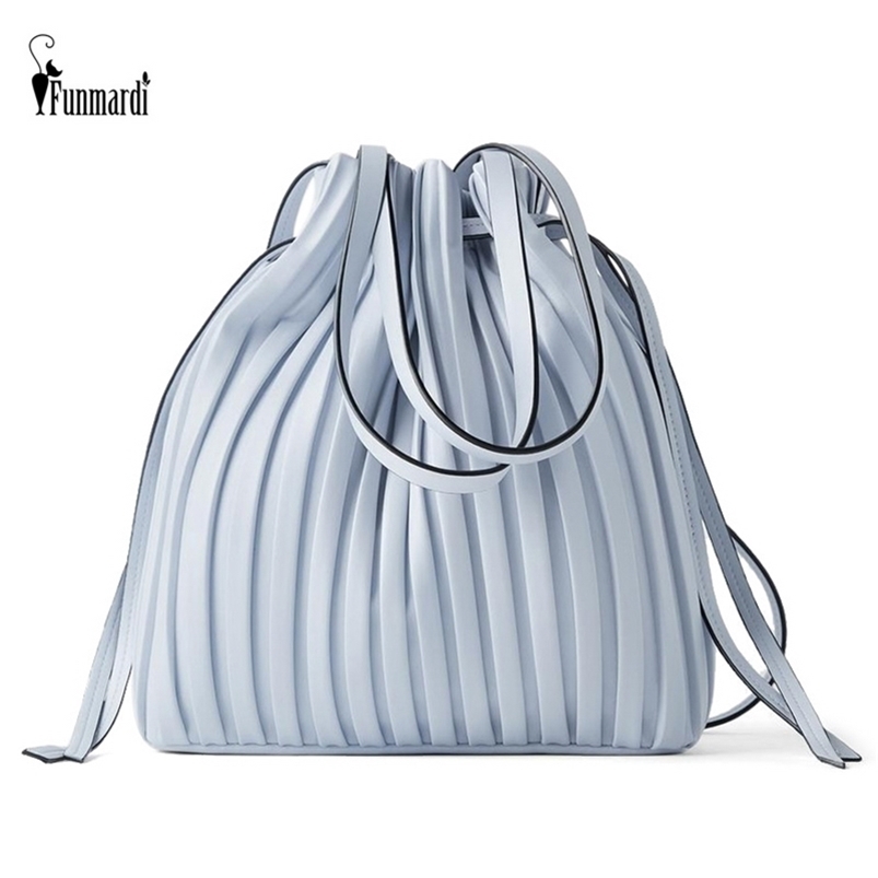 

FUNMARDI Brand Design PU Leather Shoulder Bag Pleated Stripe Bucket Ladies Crossbody For Women Handbag WLHB3081 220401, Beige